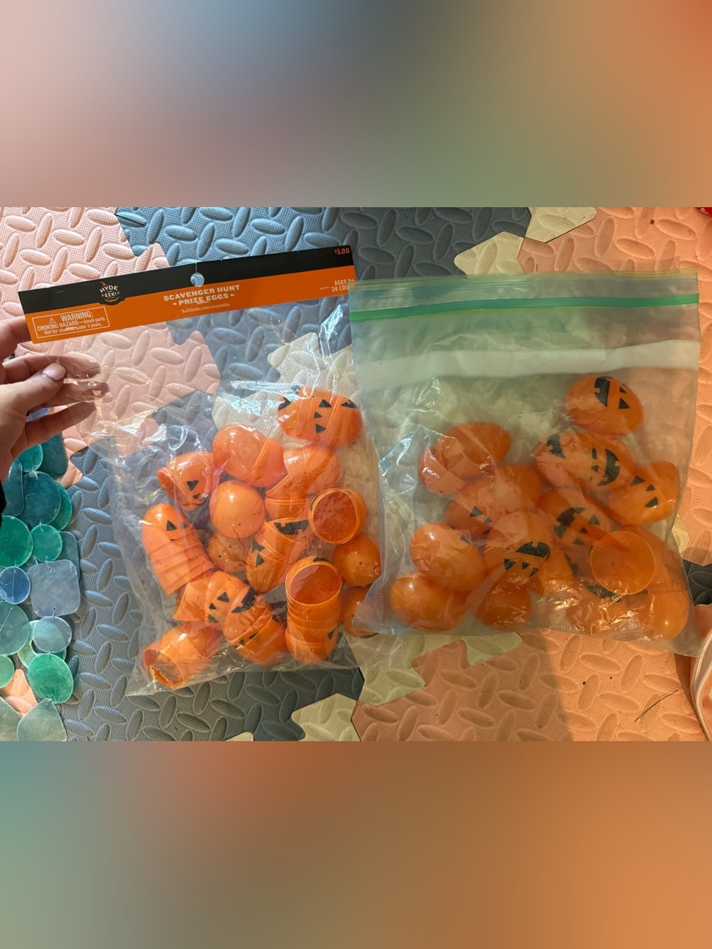 Orange Halloween Jack-O'-Lantern Plastic Prize Eggs. 2.5 bags / approx 60 eggs.